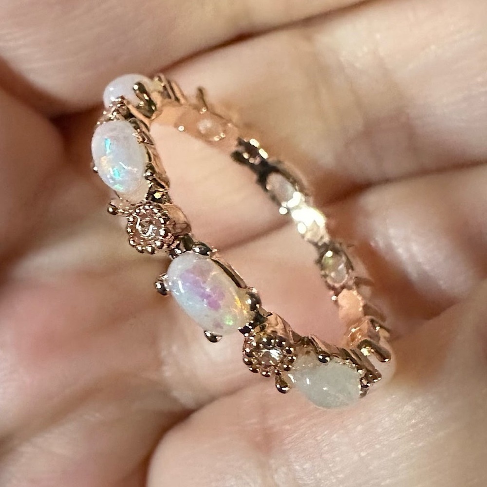 Opal Ring simulated diamonds 14k rose Gold Eternity ring - Picture 3 of 5